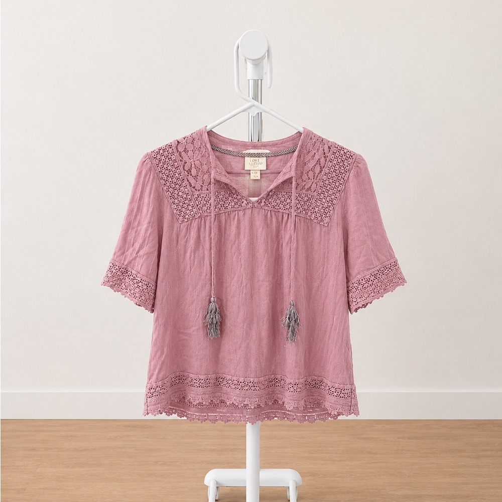 Knox Rose Dusty Rose Crochet Trim Tassel Peasant Blouse